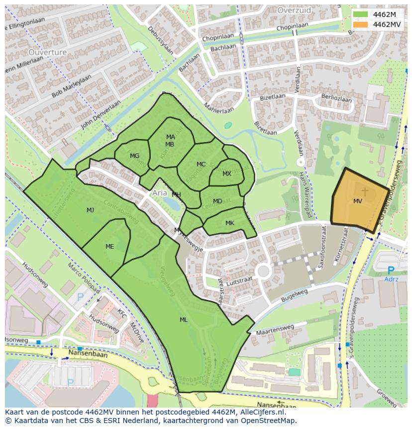 Afbeelding van het postcodegebied 4462 MV op de kaart.