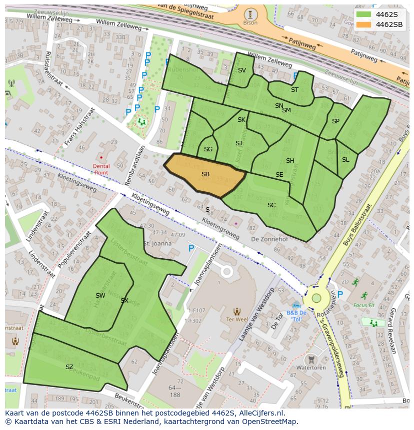 Afbeelding van het postcodegebied 4462 SB op de kaart.