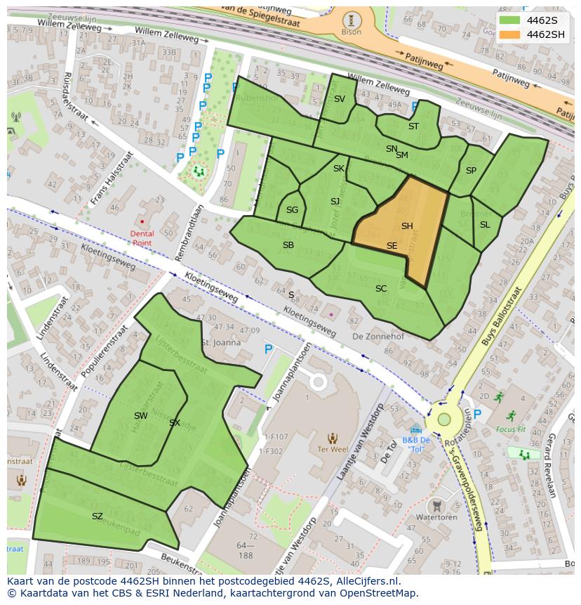 Afbeelding van het postcodegebied 4462 SH op de kaart.