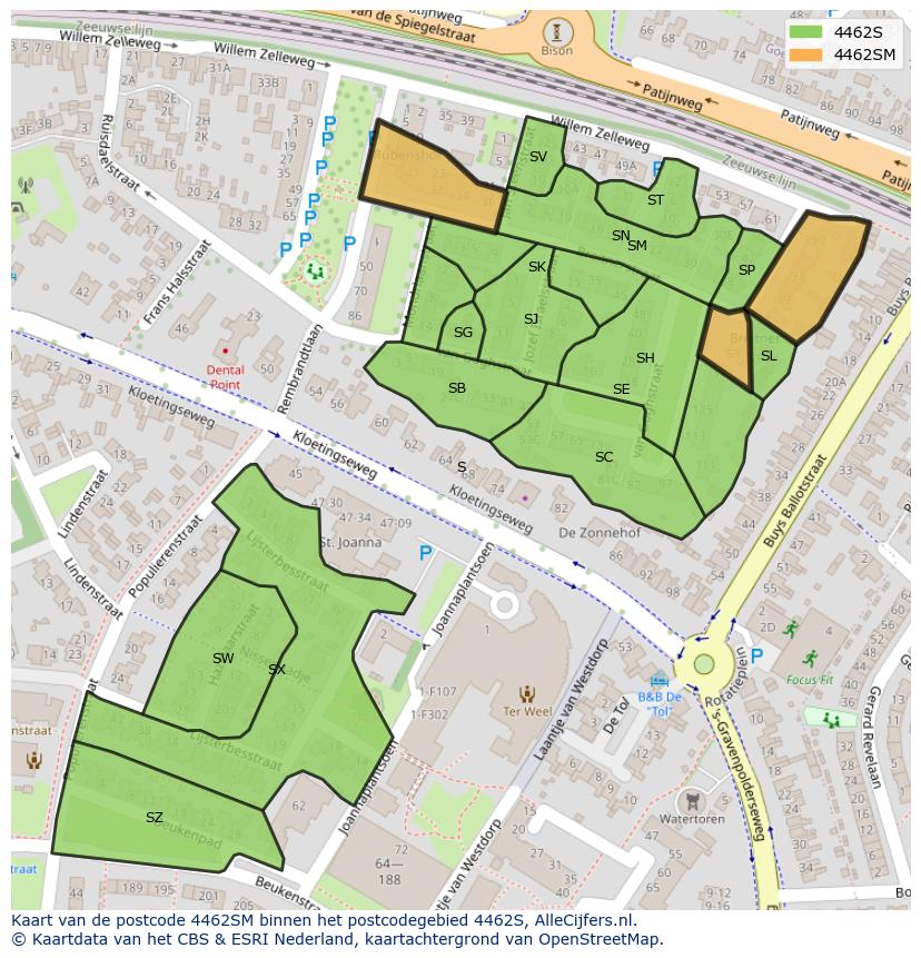 Afbeelding van het postcodegebied 4462 SM op de kaart.