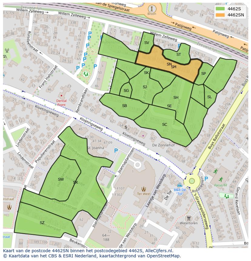 Afbeelding van het postcodegebied 4462 SN op de kaart.