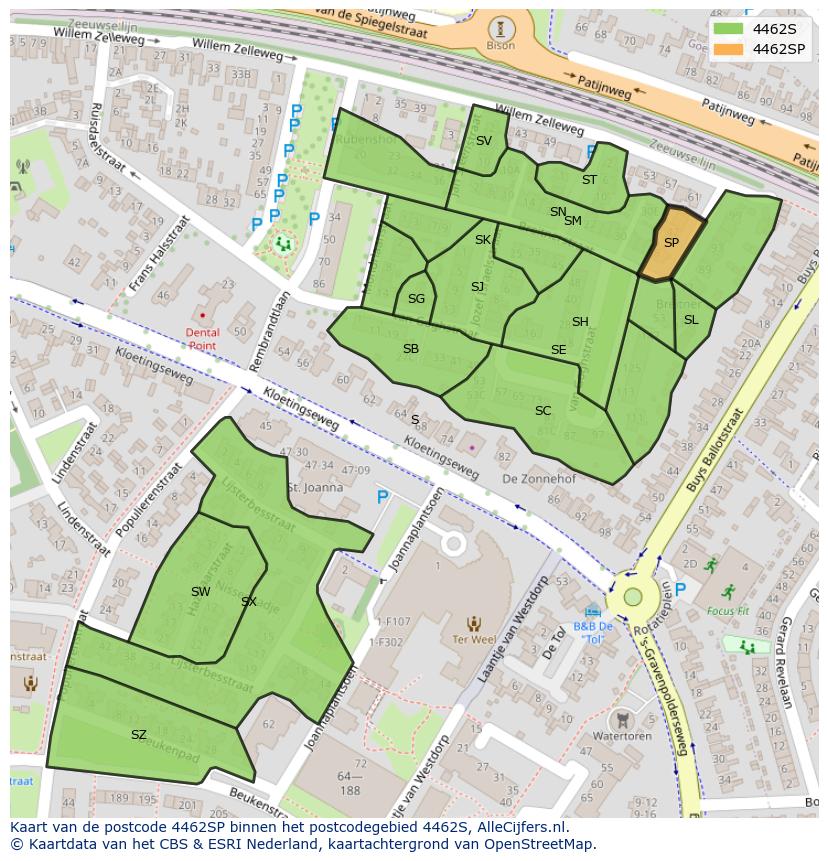 Afbeelding van het postcodegebied 4462 SP op de kaart.