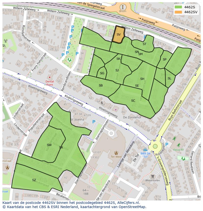 Afbeelding van het postcodegebied 4462 SV op de kaart.