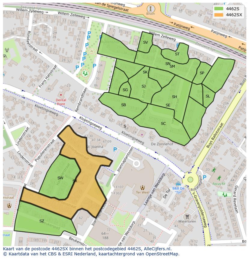 Afbeelding van het postcodegebied 4462 SX op de kaart.