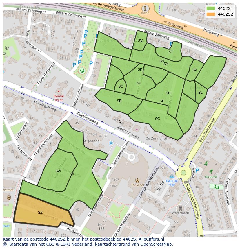Afbeelding van het postcodegebied 4462 SZ op de kaart.
