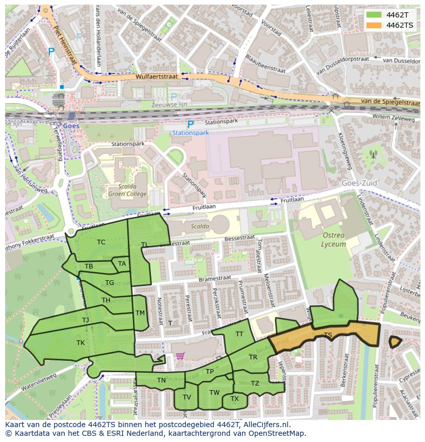Afbeelding van het postcodegebied 4462 TS op de kaart.