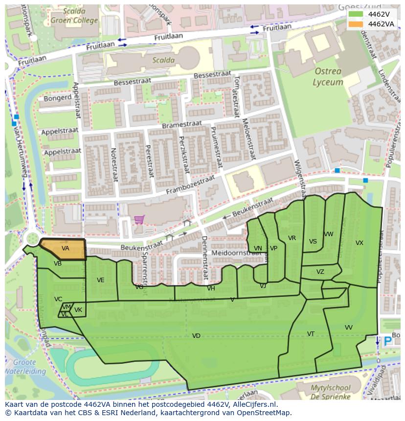 Afbeelding van het postcodegebied 4462 VA op de kaart.