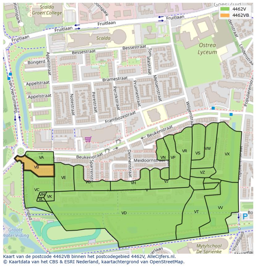Afbeelding van het postcodegebied 4462 VB op de kaart.