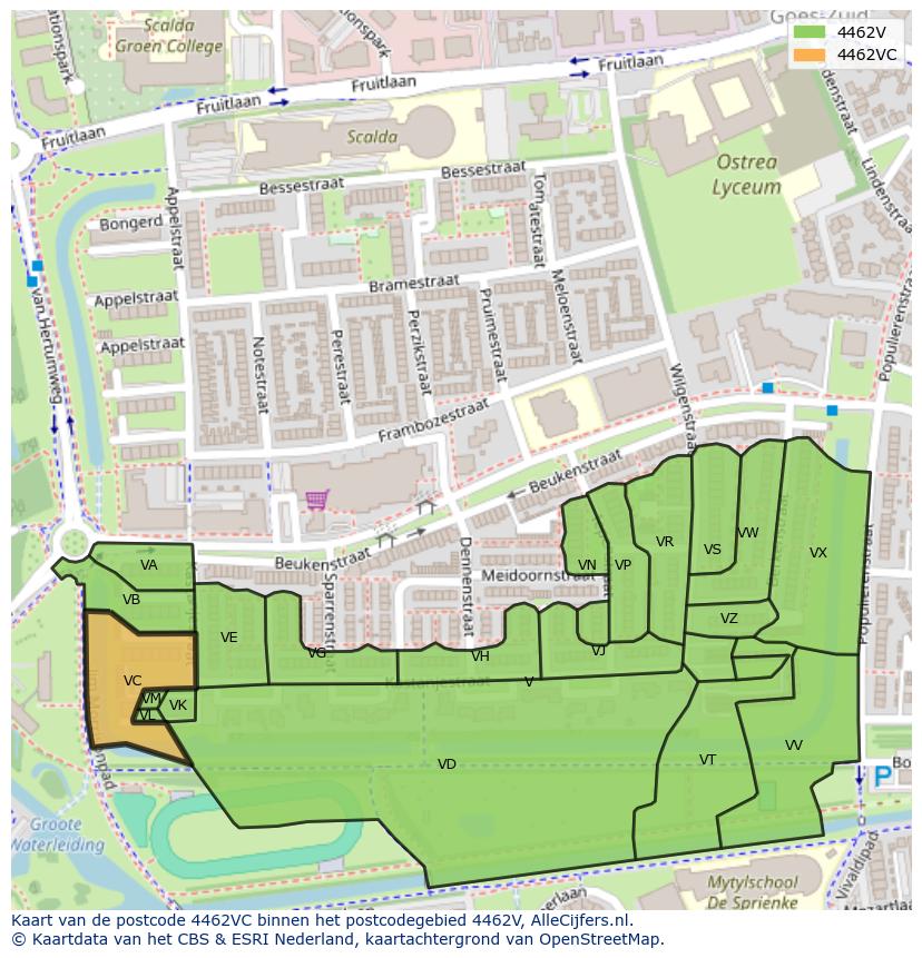 Afbeelding van het postcodegebied 4462 VC op de kaart.