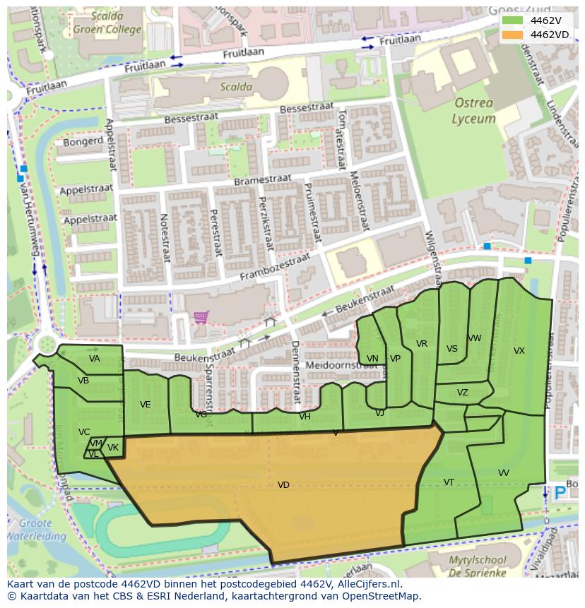 Afbeelding van het postcodegebied 4462 VD op de kaart.