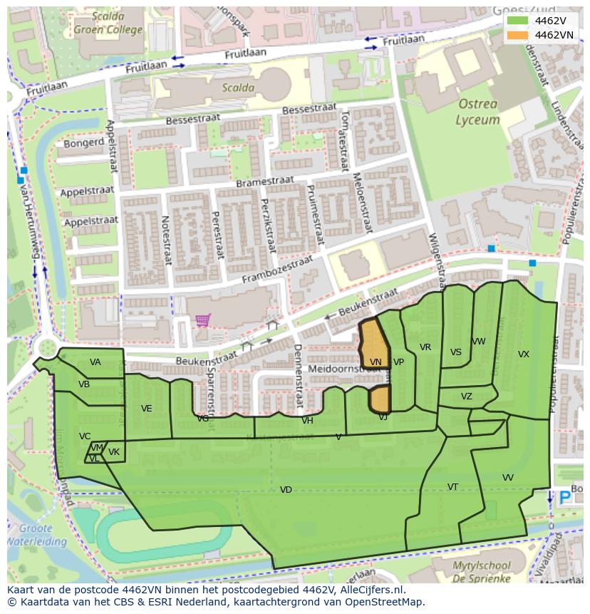Afbeelding van het postcodegebied 4462 VN op de kaart.