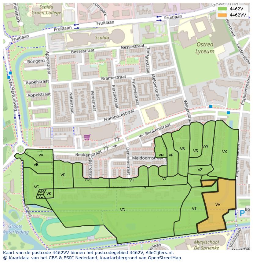Afbeelding van het postcodegebied 4462 VV op de kaart.