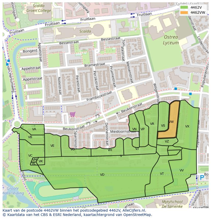 Afbeelding van het postcodegebied 4462 VW op de kaart.