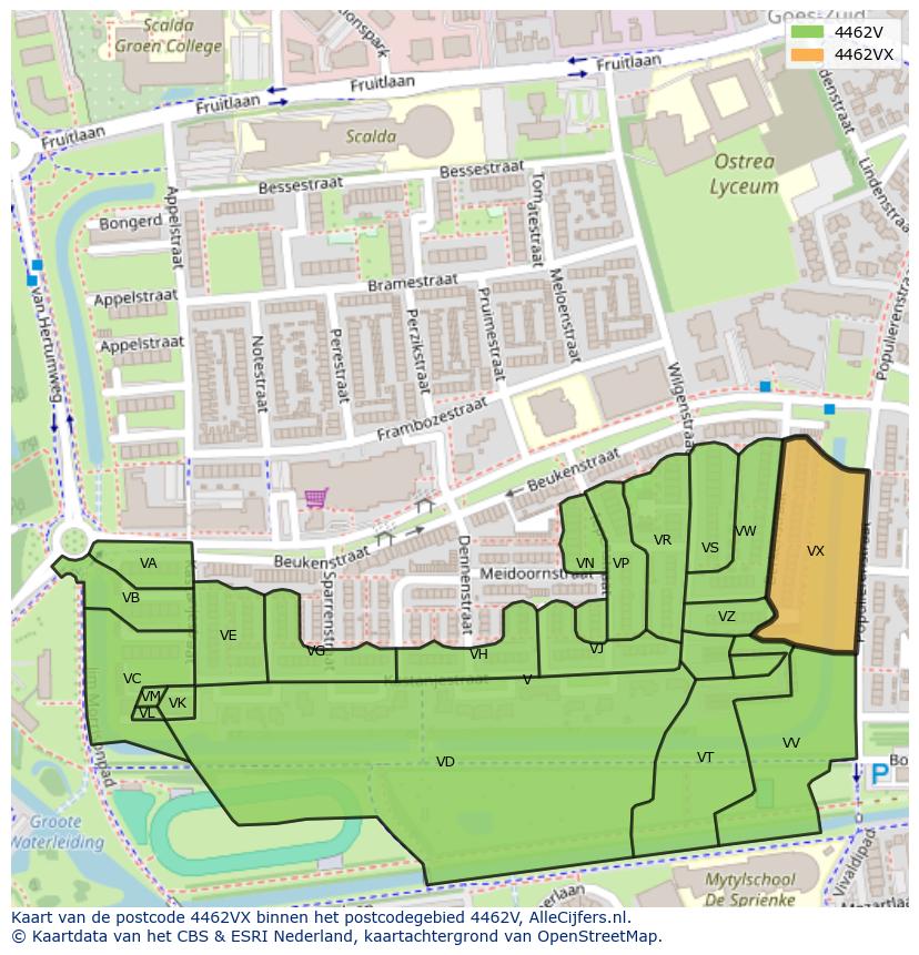 Afbeelding van het postcodegebied 4462 VX op de kaart.