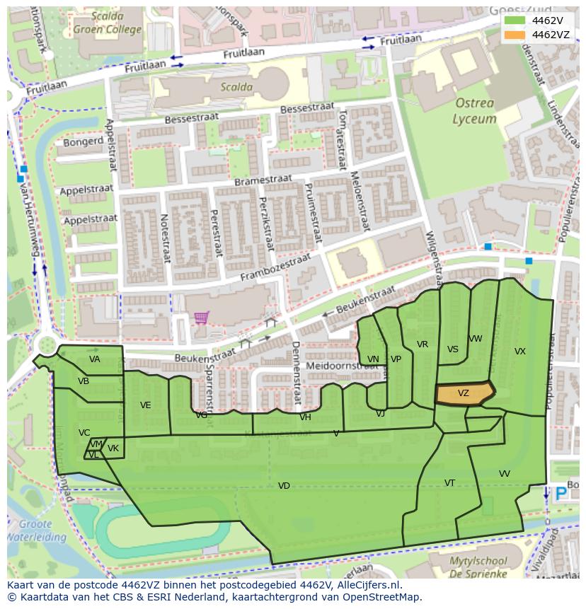 Afbeelding van het postcodegebied 4462 VZ op de kaart.