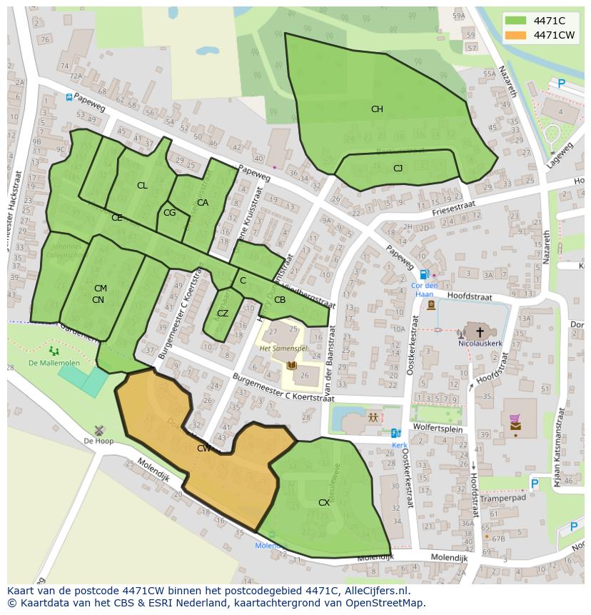 Afbeelding van het postcodegebied 4471 CW op de kaart.
