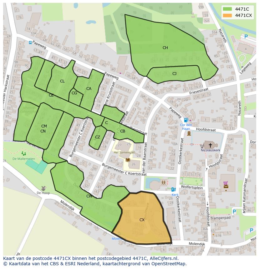 Afbeelding van het postcodegebied 4471 CX op de kaart.