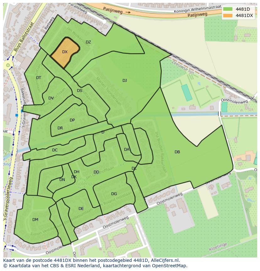 Afbeelding van het postcodegebied 4481 DX op de kaart.