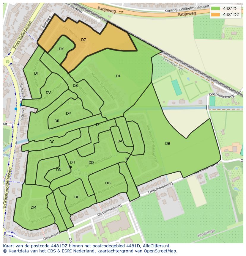 Afbeelding van het postcodegebied 4481 DZ op de kaart.