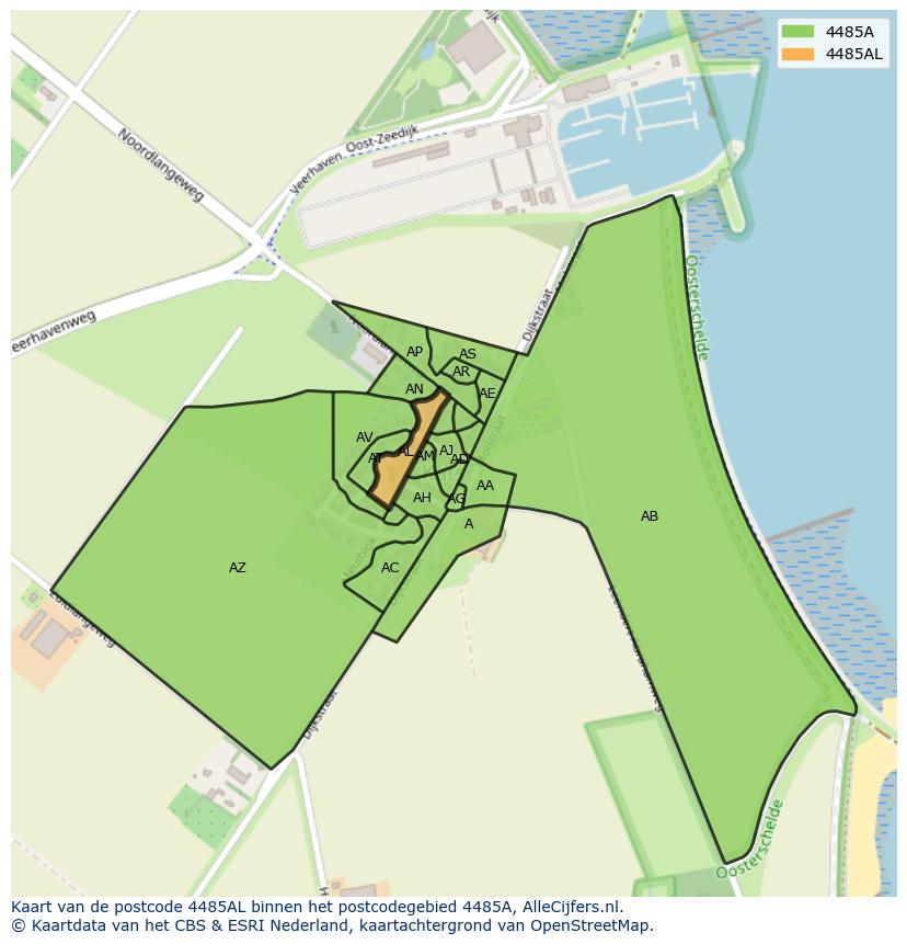 Afbeelding van het postcodegebied 4485 AL op de kaart.