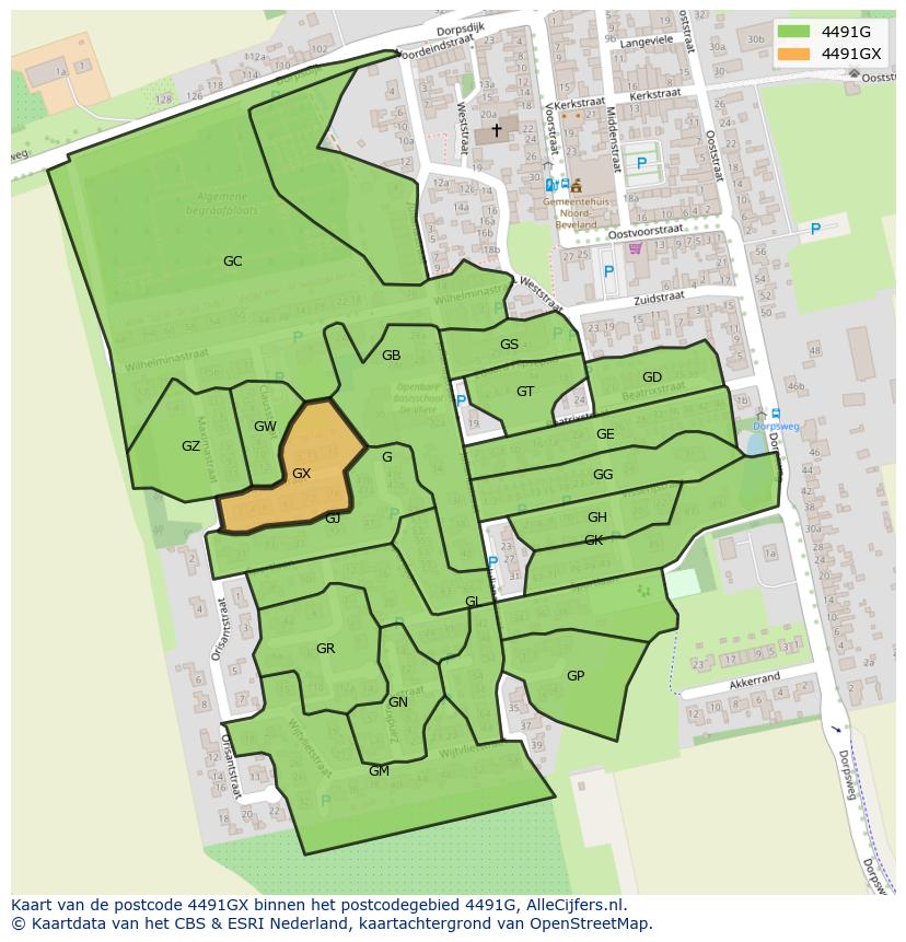 Afbeelding van het postcodegebied 4491 GX op de kaart.