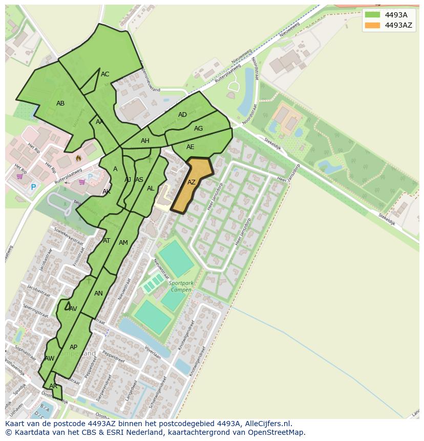 Afbeelding van het postcodegebied 4493 AZ op de kaart.
