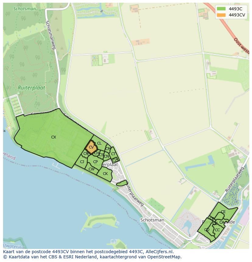 Afbeelding van het postcodegebied 4493 CV op de kaart.
