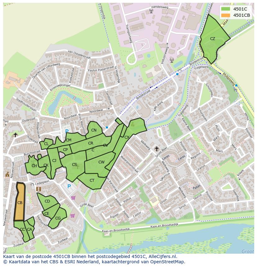 Afbeelding van het postcodegebied 4501 CB op de kaart.