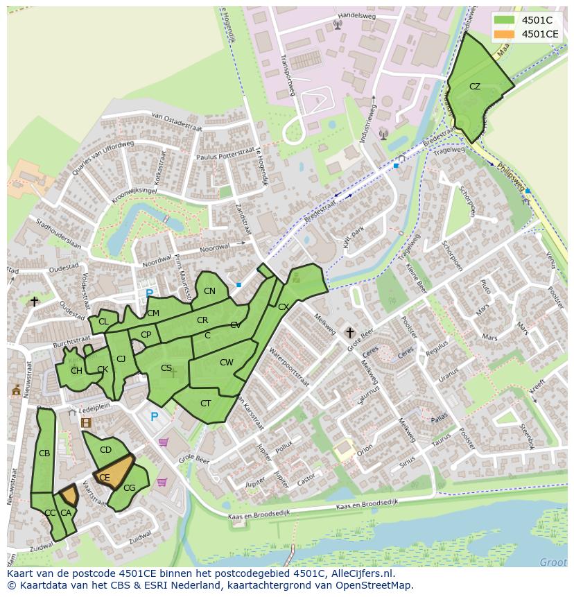 Afbeelding van het postcodegebied 4501 CE op de kaart.