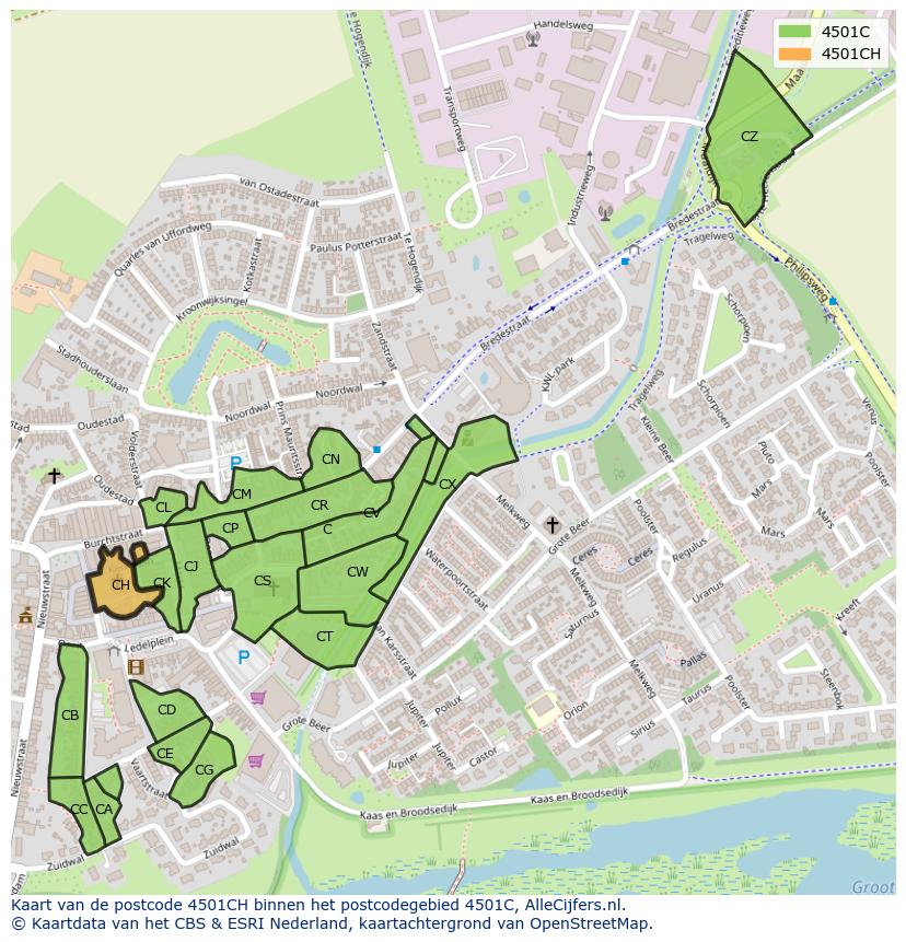 Afbeelding van het postcodegebied 4501 CH op de kaart.