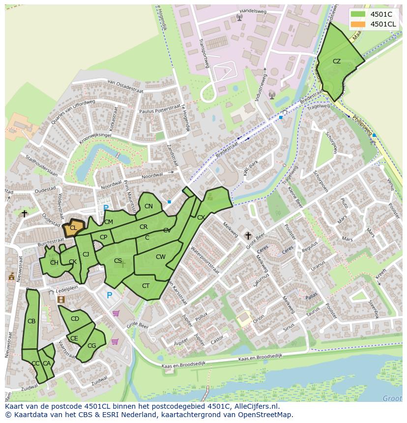 Afbeelding van het postcodegebied 4501 CL op de kaart.