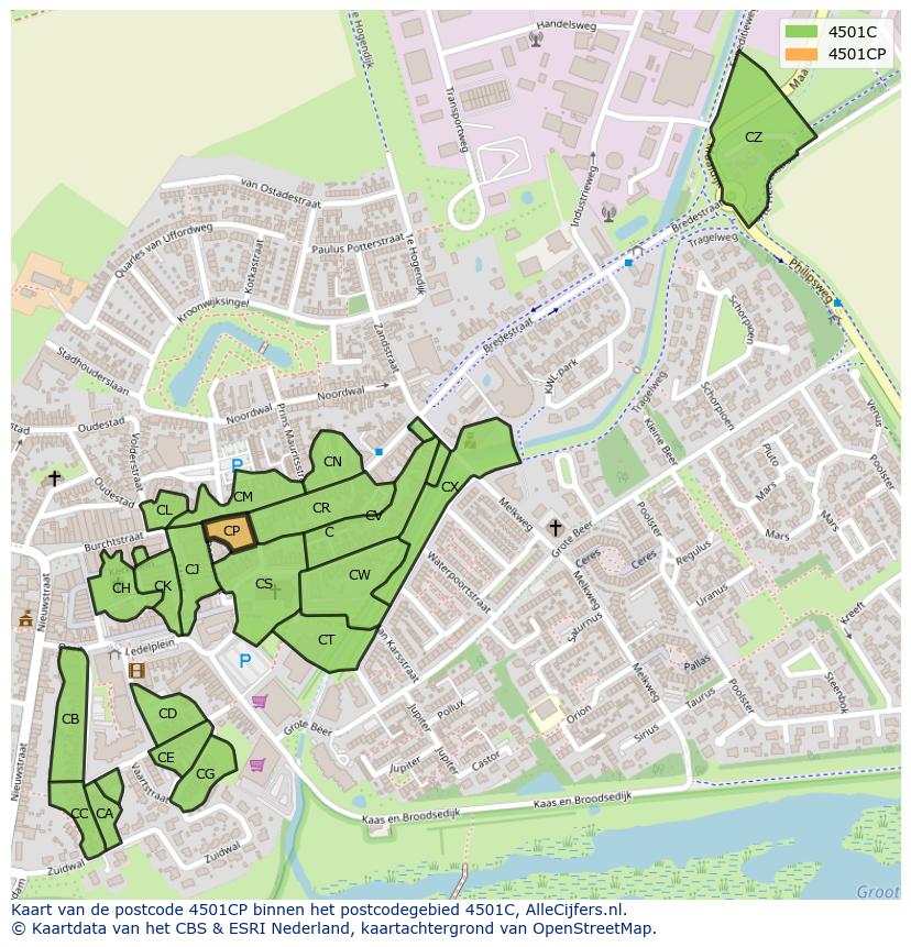 Afbeelding van het postcodegebied 4501 CP op de kaart.