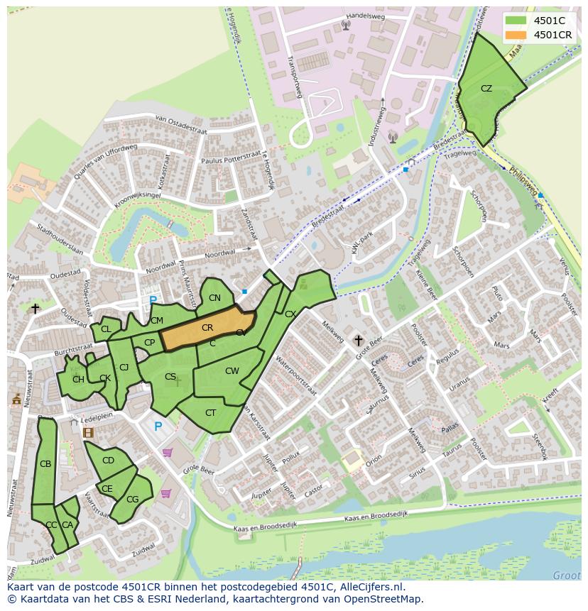 Afbeelding van het postcodegebied 4501 CR op de kaart.