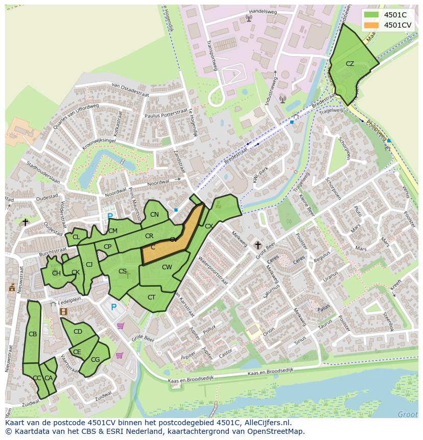 Afbeelding van het postcodegebied 4501 CV op de kaart.