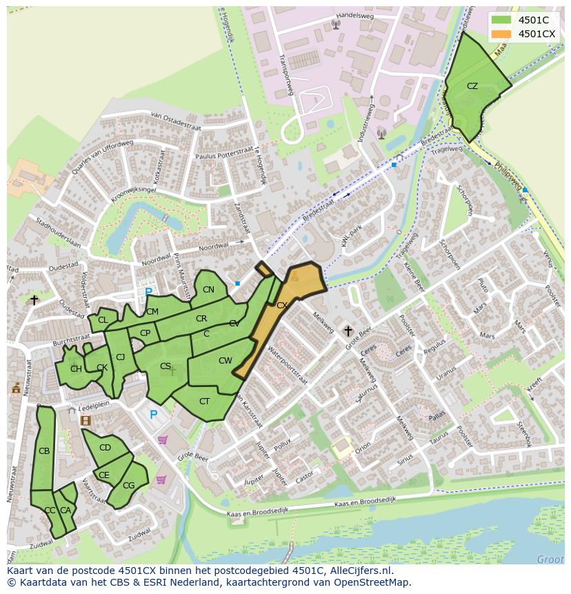Afbeelding van het postcodegebied 4501 CX op de kaart.