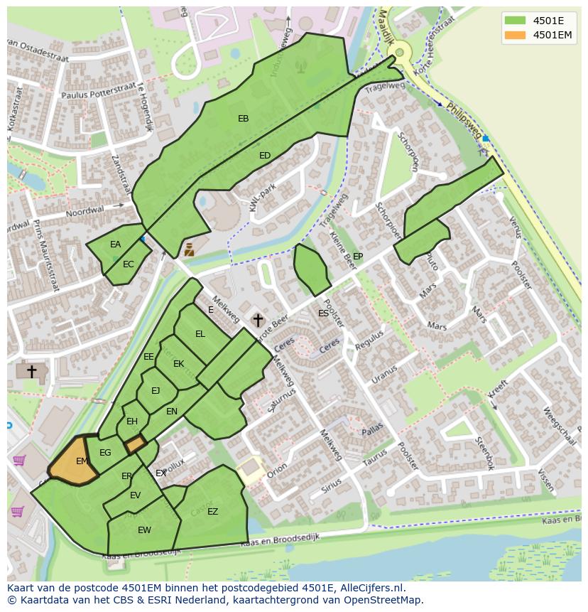 Afbeelding van het postcodegebied 4501 EM op de kaart.
