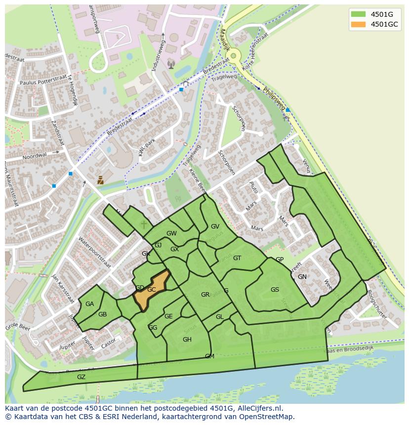 Afbeelding van het postcodegebied 4501 GC op de kaart.