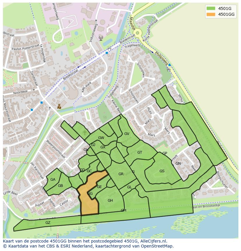 Afbeelding van het postcodegebied 4501 GG op de kaart.