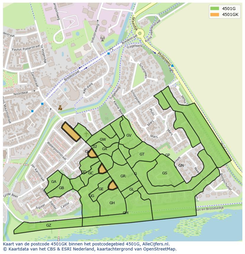 Afbeelding van het postcodegebied 4501 GK op de kaart.