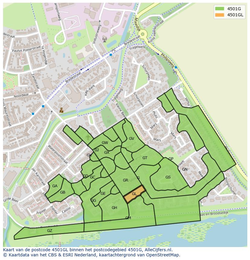 Afbeelding van het postcodegebied 4501 GL op de kaart.