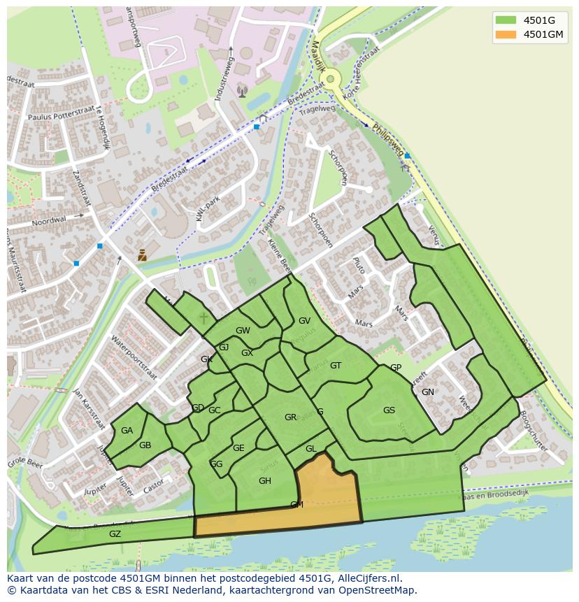 Afbeelding van het postcodegebied 4501 GM op de kaart.