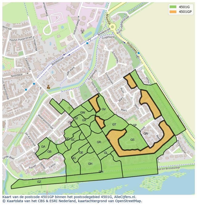 Afbeelding van het postcodegebied 4501 GP op de kaart.