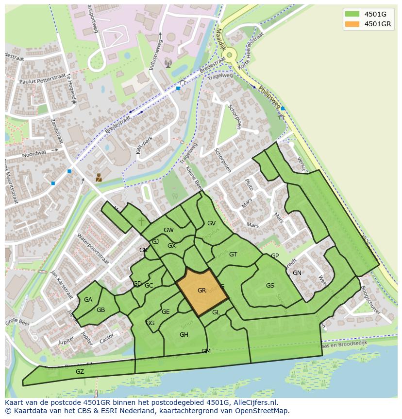 Afbeelding van het postcodegebied 4501 GR op de kaart.