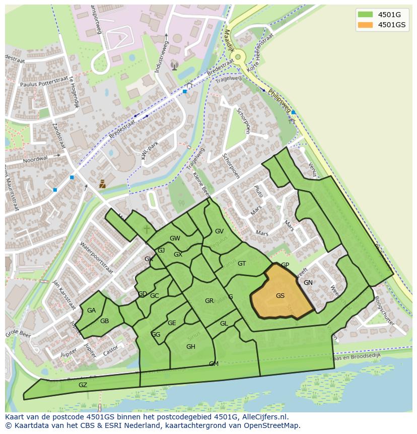 Afbeelding van het postcodegebied 4501 GS op de kaart.