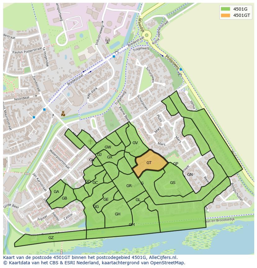 Afbeelding van het postcodegebied 4501 GT op de kaart.