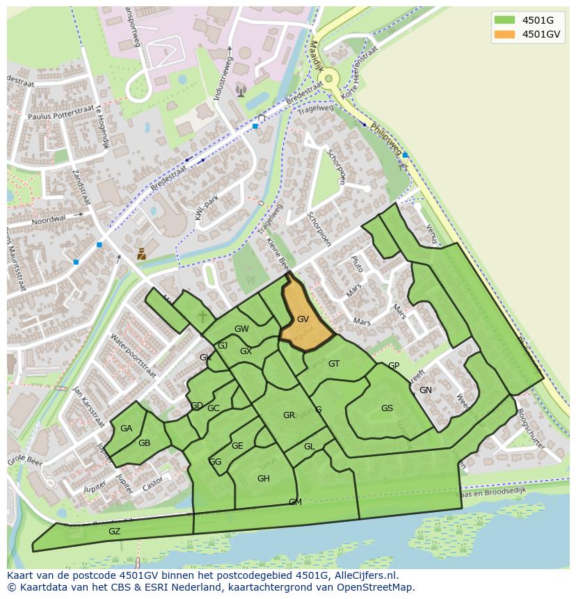 Afbeelding van het postcodegebied 4501 GV op de kaart.