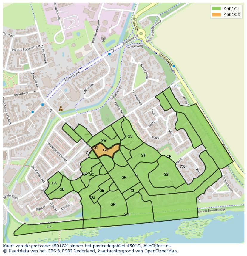 Afbeelding van het postcodegebied 4501 GX op de kaart.