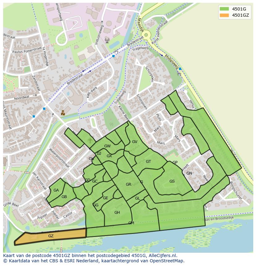 Afbeelding van het postcodegebied 4501 GZ op de kaart.