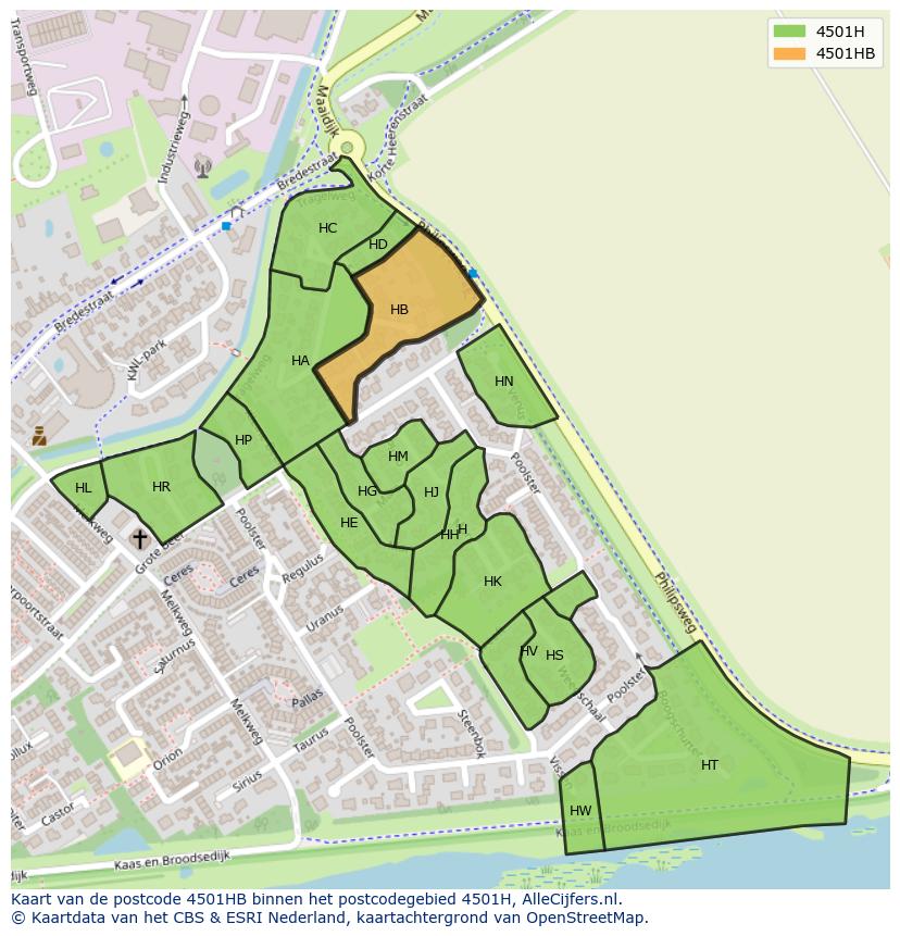 Afbeelding van het postcodegebied 4501 HB op de kaart.