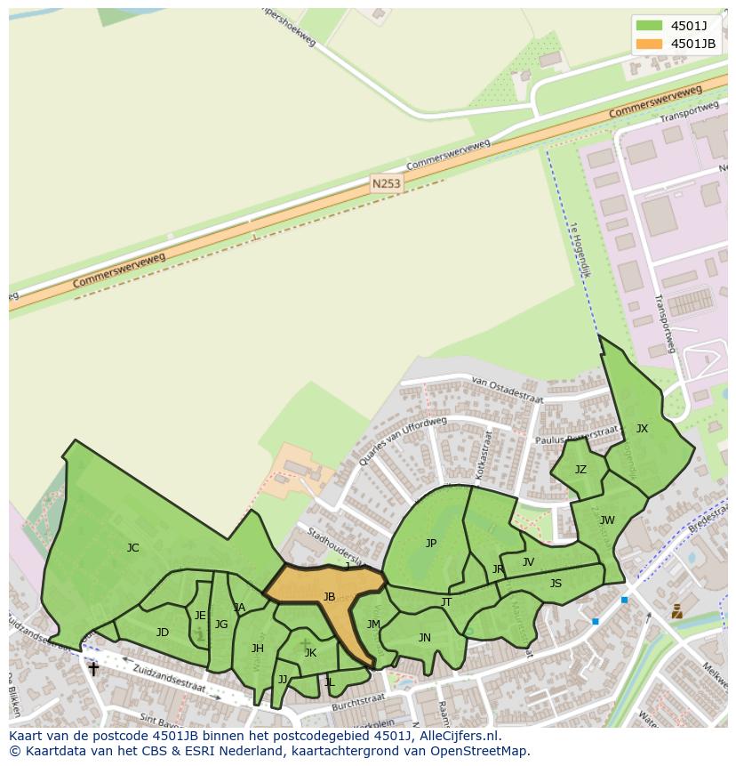 Afbeelding van het postcodegebied 4501 JB op de kaart.